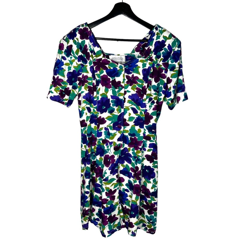 Vintage 90s White Blue Green Floral Short Sleeve Button Up Romper Large